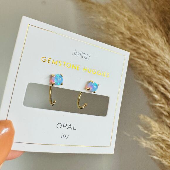 NEW ANTHROPOLOGIE JaxKelly Blue Fire Opal 18kt Tiny Stone Gemstone Hoop Earring - Picture 2 of 8